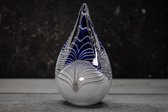 Glazen urn. Asbestemming. "Grote druppel" Blauw. 23 cm hoog.