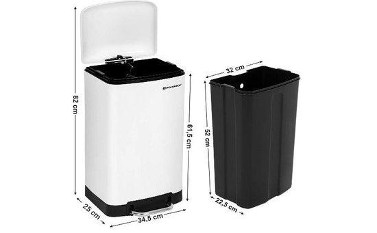 MIRA Home - Pedaalemmer 30L - Prullenbak - Kubusvormig - Metaal - Wit - 34x27.5x61.5