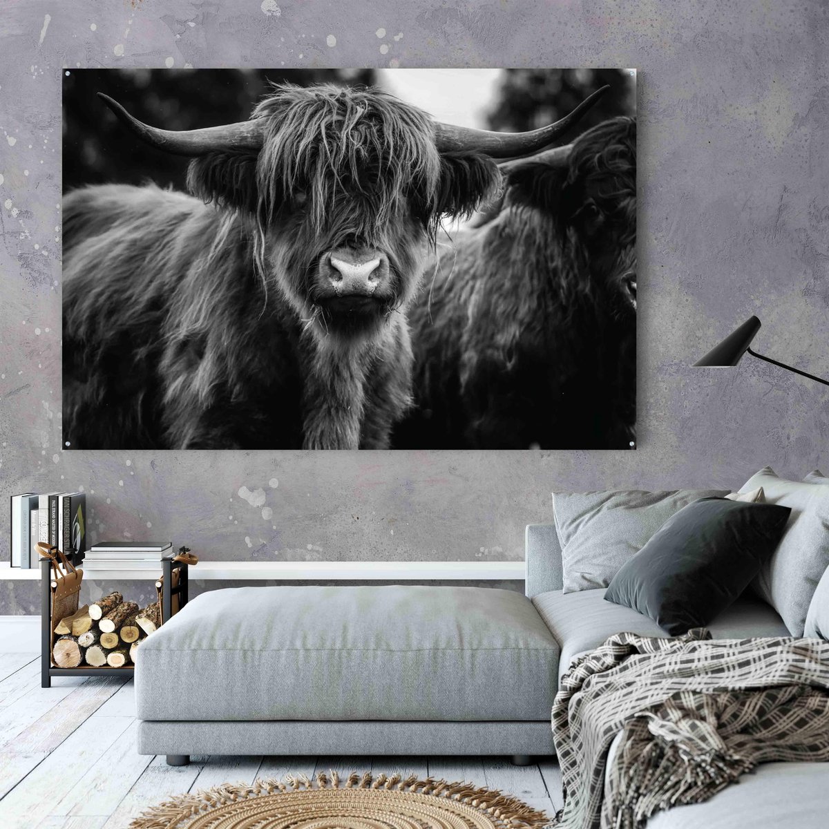 Schotse hooglander schilderij, zwart wit op aluminium 100x65cm | Dibond schilderij | Dibond schilderijen | Schilderij woonkamer | Muurdecoratie