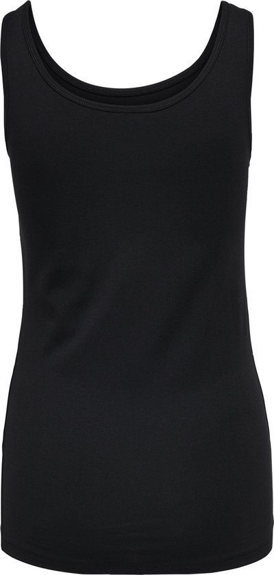 Achterkant van een zwarte effen tanktop met ronde hals, staand.