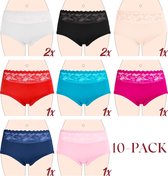 FINE WOMAN - 10 Pack Kanten Katoenen Slip - Combi Kleur - Maat XL