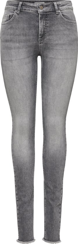 Vooraanzicht van een grijze skinny jeans met rafelige zoom.