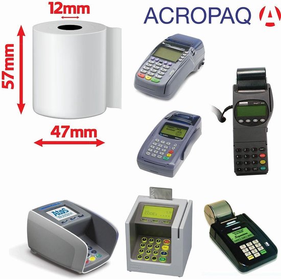 ACROPAQ - 50 x PDQ Pin Rolls - 57 mm x 45 mm 26,2 m, BPA-vrij, Thermisch printerpapier van hoge kwaliteit voor mobiele betaalterminal - Thermische rollen, Bancontact rollen