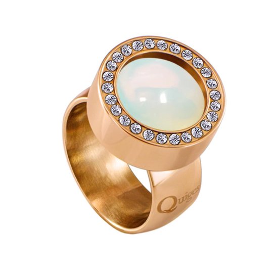 Quiges Dames Zirkonia Ring RVS Roségoudkleurig met Opaal Mini Coin - SLSRS55817