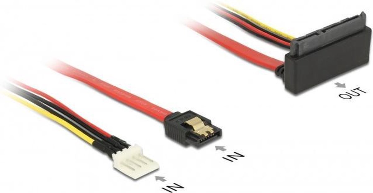 Image of Floppy (m) + SATA data (v) naar haakse SATA data en 5V + 12V voeding kabel - SATA600 - 6 Gbit/s / rood - 0,30 meter