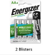 8 stuks (2 blisters a 4 stuks) Energizer Rechargeable AA 2300 mah Extreme Oplaadbaar