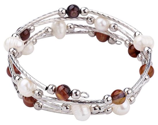 Bracelet wrap perle d'eau douce avec pierres précieuses Wrap Pearl Brown Striped Agate