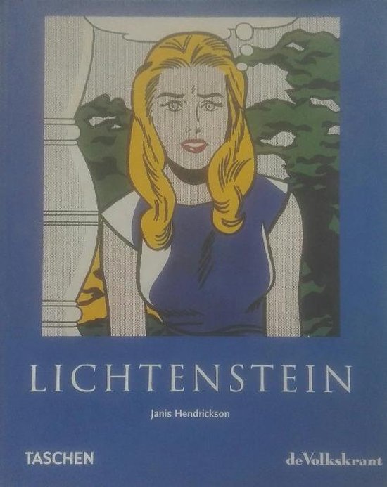 Lichtenstein, een boek met een pop-art-illustratie van een blonde vrouw in een blauwe jurk, met de tekst 'LICHTENSTEIN'.