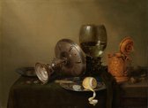Kunst: Stilleven met vergulde bierkan, Willem Claesz. Heda, 1634 op aluminium dibond. Afmetingen zijn 60 bij 90 cm