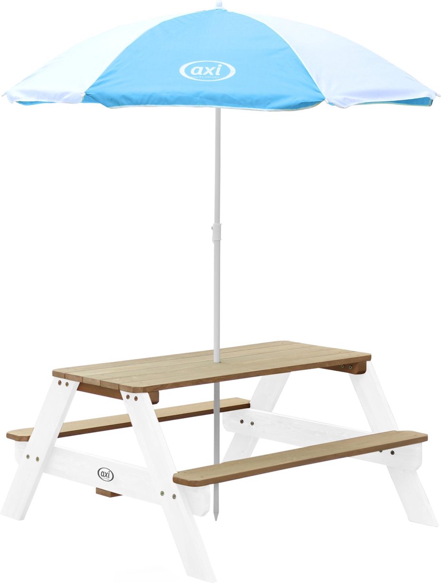 AXI Nick Picknicktafel in Bruin/Wit met Parasol in Blauw/Wit - Picknick tafel voor kinderen van hout
