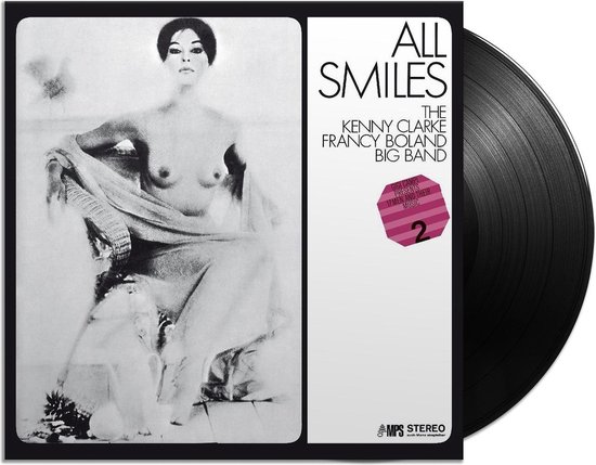 Albumhoes met een zwart-witfoto van een vrouw op een stoel. Titel: ALL SMILES, THE KENNY CLARKE FRANCY BOLAND BIG BAND.