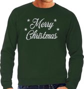 Foute Kersttrui / sweater - Merry Christmas - zilver / glitter - groen - heren - kerstkleding / kerst outfit L (52)