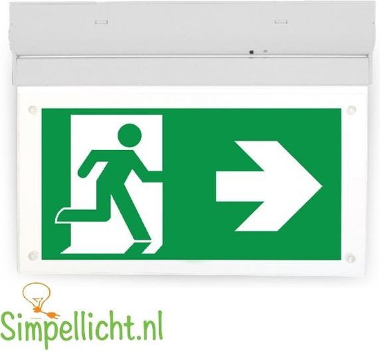 Noodverlichtingsbord met groene achtergrond en rennend pictogram en pijl naar rechts.