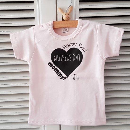 Baby shirtje meisje tekst mama eerste moederdag cadeau van papa | Happy first mother’s Day mommy | korte mouw T-Shirt | roze | maat 86 | liefste leukste kleding babykleding