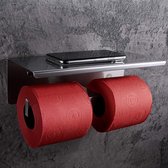 Stijlvolle RVS toiletrol houder met plek voor 2 rollen en legplank | Installatie zonder te boren | Opbergplank voor telefoon, toiletdoekjes of portomonee etc. | Te bevestigen op vrijwel elk m