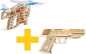 UGears modelbouw voordeelpakket Schietende sport: mechanische pistool en vliegtuigwerper