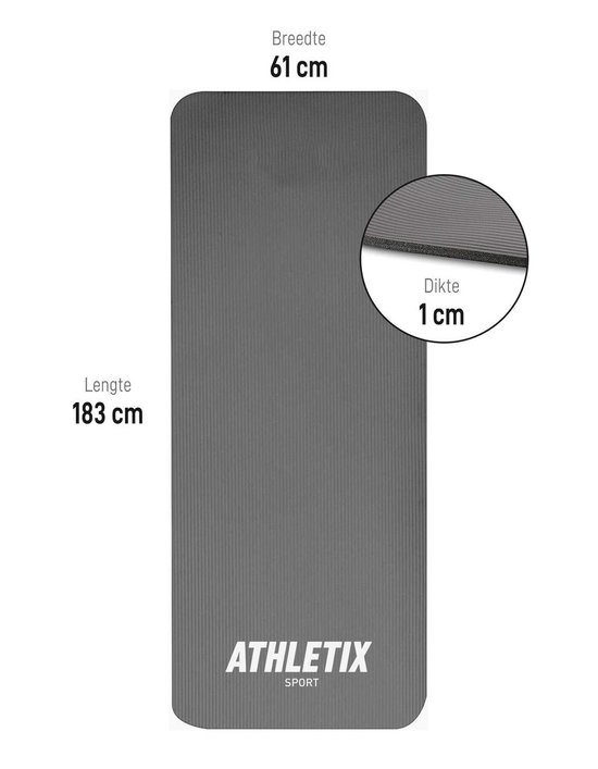 Athletix®‎ Premium NBR Fitnessmat - 183 x 61 x 1 cm - Yogamat met Draagriem en Draagtas - Grijs - Athletix®