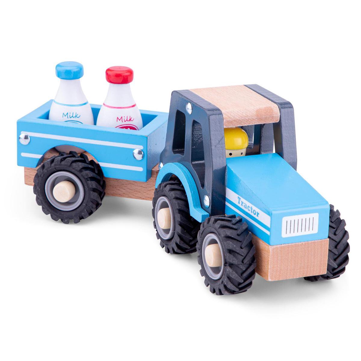 Woet® Houten Tractor met Aanhanger - Inclusief 2 Melkbussen - Blauw - Educatief Speelvoertuig - Rollenspel Speelgoed - Vanaf 18 Maanden — afbeelding 2