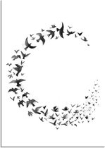 DesignClaud Zwerm vogels poster - Waterverf stijl - Interieur poster - Zwart wit poster - Cirkel A2 + Fotolijst zwart