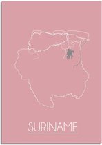 DesignClaud Plattegrond Suriname Landkaart poster Wanddecoratie - Roze - A4 + fotolijst wit (21x29,7cm)