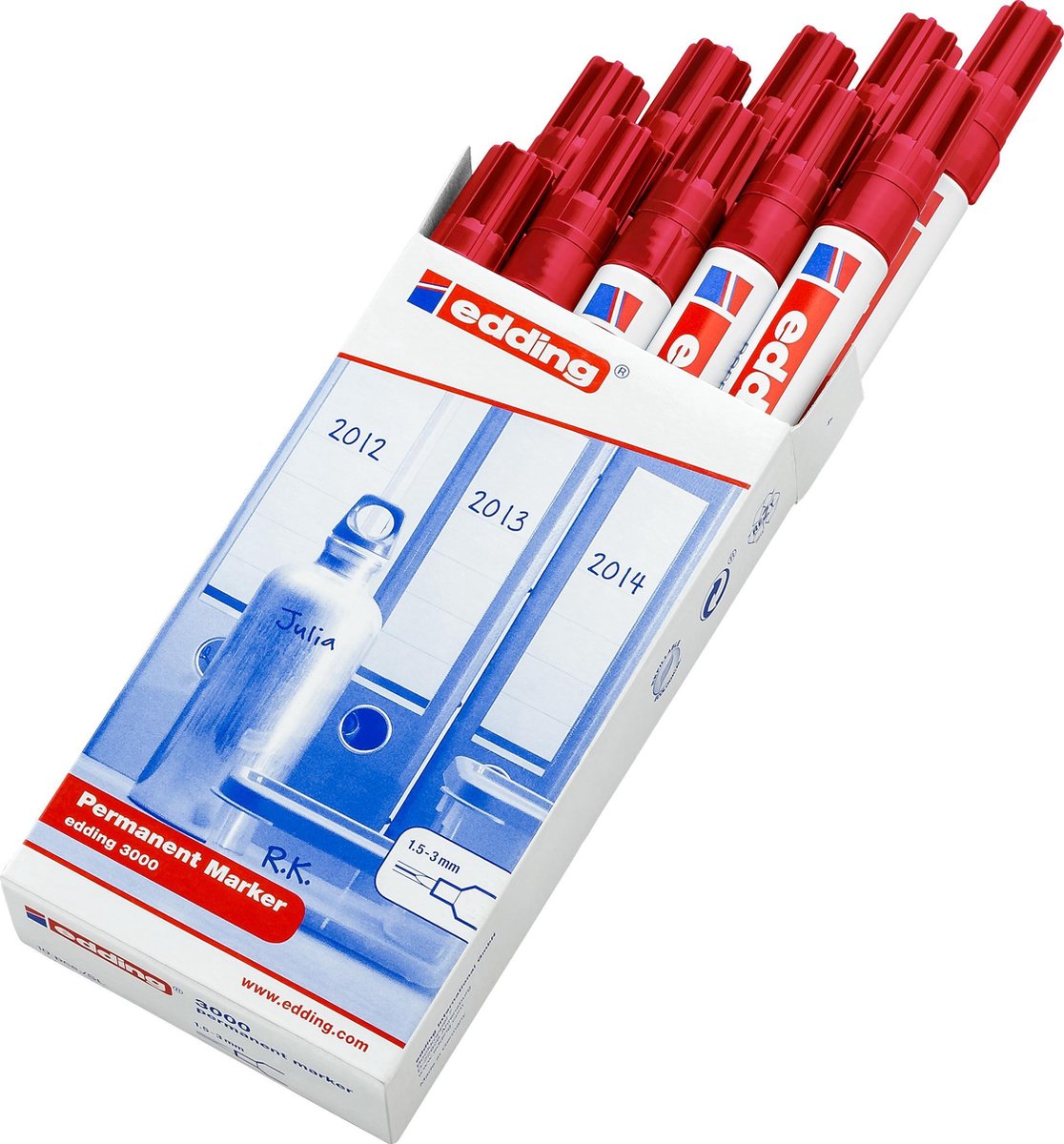 edding 3000 Permanente Marker, Ronde Punt 1,5 - 3 mm, Rood (pak 10 stuks) - Alcoholstift