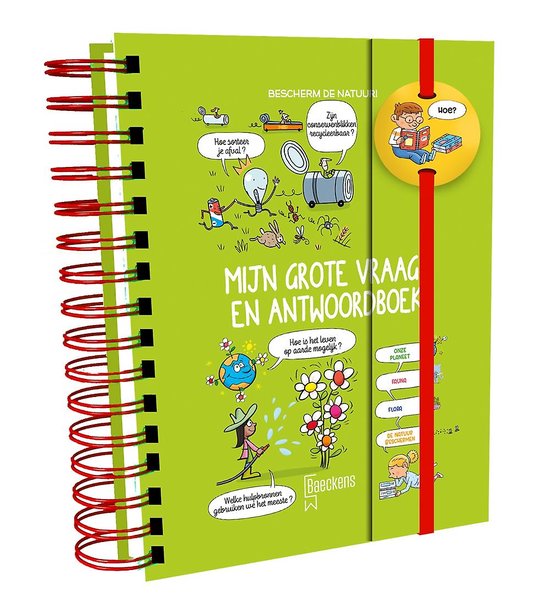 Livre vert avec le titre 'Mon grand livre de questions et réponses'. Contient des illustrations sur la nature et le recyclage.