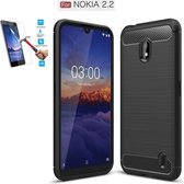 Nokia 2.2 Carbone Brushed Tpu Zwart Cover Case Hoesje - 1 x Tempered Glass Screenprotector