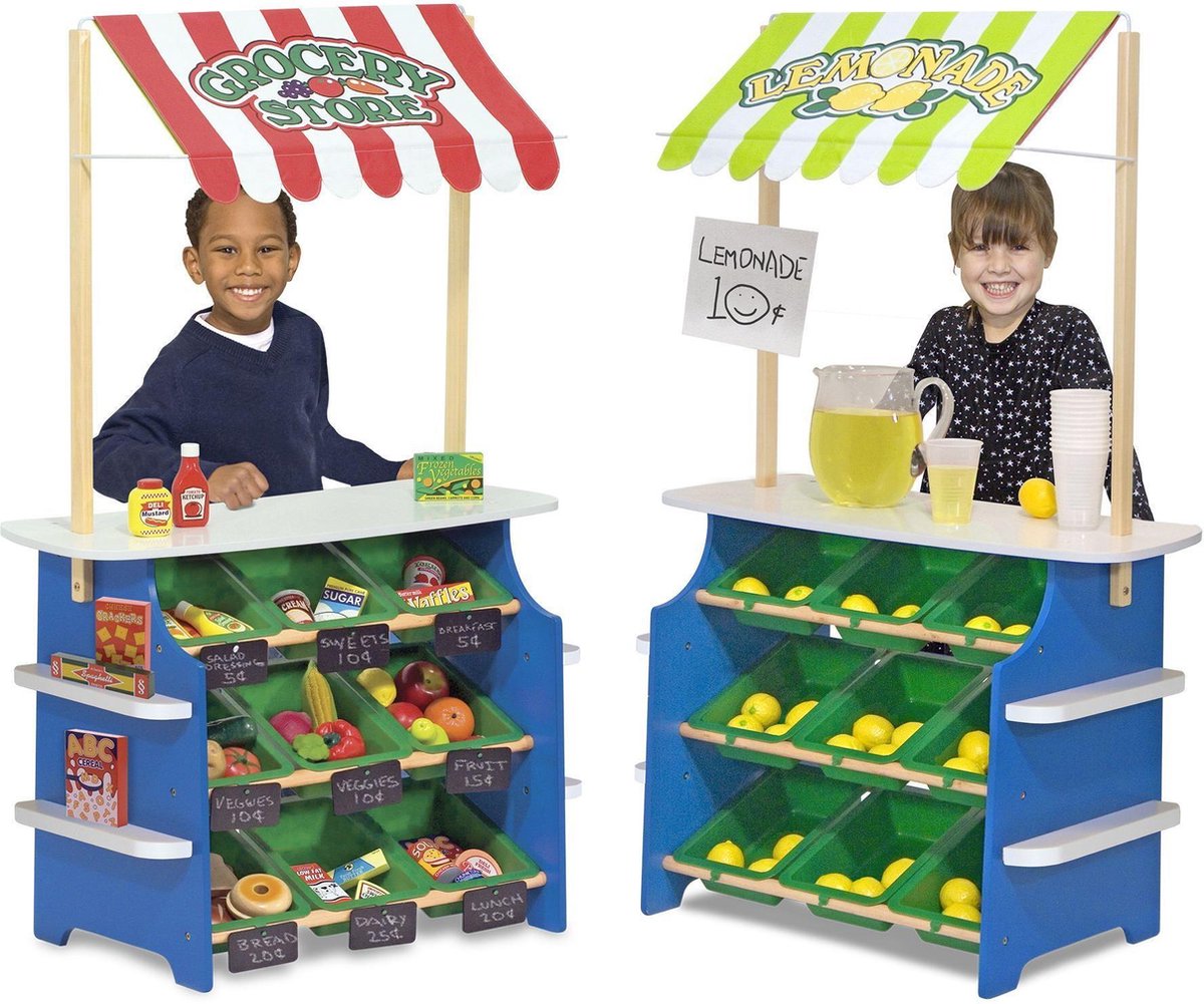 Melissa & Doug Houten groente en limonadekraam - omkeerbare luifel, 9 bakken en krijtbordjes