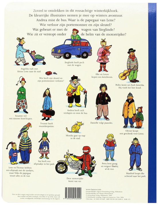 Illustraties uit 'Wat een winter!', met personages, een auto en een bus.