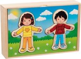 Goki Boy and Girl dress-up puzzle box in a wooden box