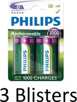 6 Stuks (3 Blisters a 2 st) Philips Rechargeables D Batterij 3000 Mah