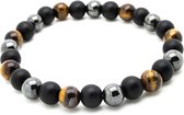 Armband heren – kralen – rond - zwart mat, glimmend platinum en bruin tijgeroog - Sorprese - natuursteen – 21 cm - 8 mm - heren - unisex - model J - Cadeau