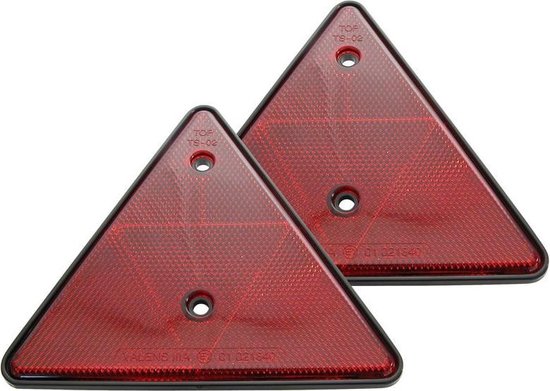 Deux réflecteurs triangulaires rouges avec trous de vis, proches l'un de l'autre.