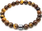 Armband heren – kralen – enkel snoer – bruin met 1 donker RVS steen - Sorprese - natuursteen – rond - elastisch – 21 cm - model L - Cadeau