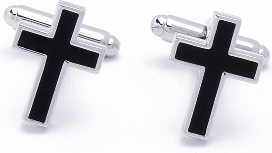 Manchetknopen - Kruis Religieus met Zilver en Zwart Emaille