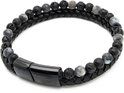 Armband heren – dubbel snoer – zwart gevlochten leer rond - zwart lavasteen kralen - Sorprese -zwart RVS sluiting - magnetisch – 22 cm - model O Armband heren – dubbel snoer – zwart gevlochten leer rond - zwart lavasteen kralen - Sorprese -zwart RVS sluiting - magnetisch – 22 cm - model O