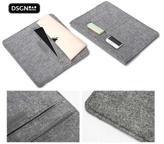 DSGN VILT - Laptophoes 14 inch - Notebook - Chromebook - Laptop Sleeve Hoes Case - Vilten - Etui - Extra Vakken - Grijs - DSGN BRAND