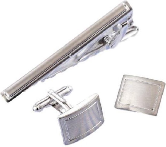 BY-ST6 - Combinatie van grijze manchetknopen met stropdas clip