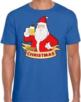 Fout Kerst shirt / t-shirt - Cheers / bier Santa - blauw - heren - kerstkleding / kerst outfit XL (54)