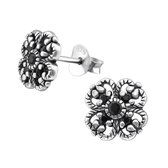 Joy|S - Zilveren Bali bloem oorbellen 9 mm zwart zirkonia Black Spinel Boeddha