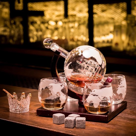 Luxe Whiskey Karaf - Wereldbol - 8 Whisky Stones - 4 Glazen | bol.com