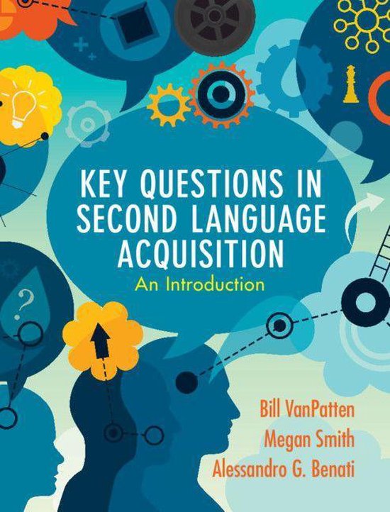 Boek 'Key Questions in Second Language Acquisition: An Introduction' met illustraties van denkende hoofden, tandwielen en bellen.