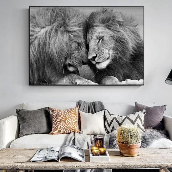 Canvas Schilderij * Paar Knuffelende Leeuwen * - Kunst aan je Muur - Romantisch - zwart wit - 60 x 90 cm