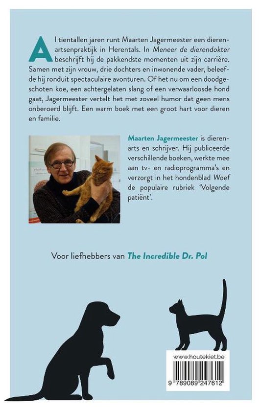 Maarten Jagermeister met een kat op zijn arm. Silhouetten van een hond en een kat.