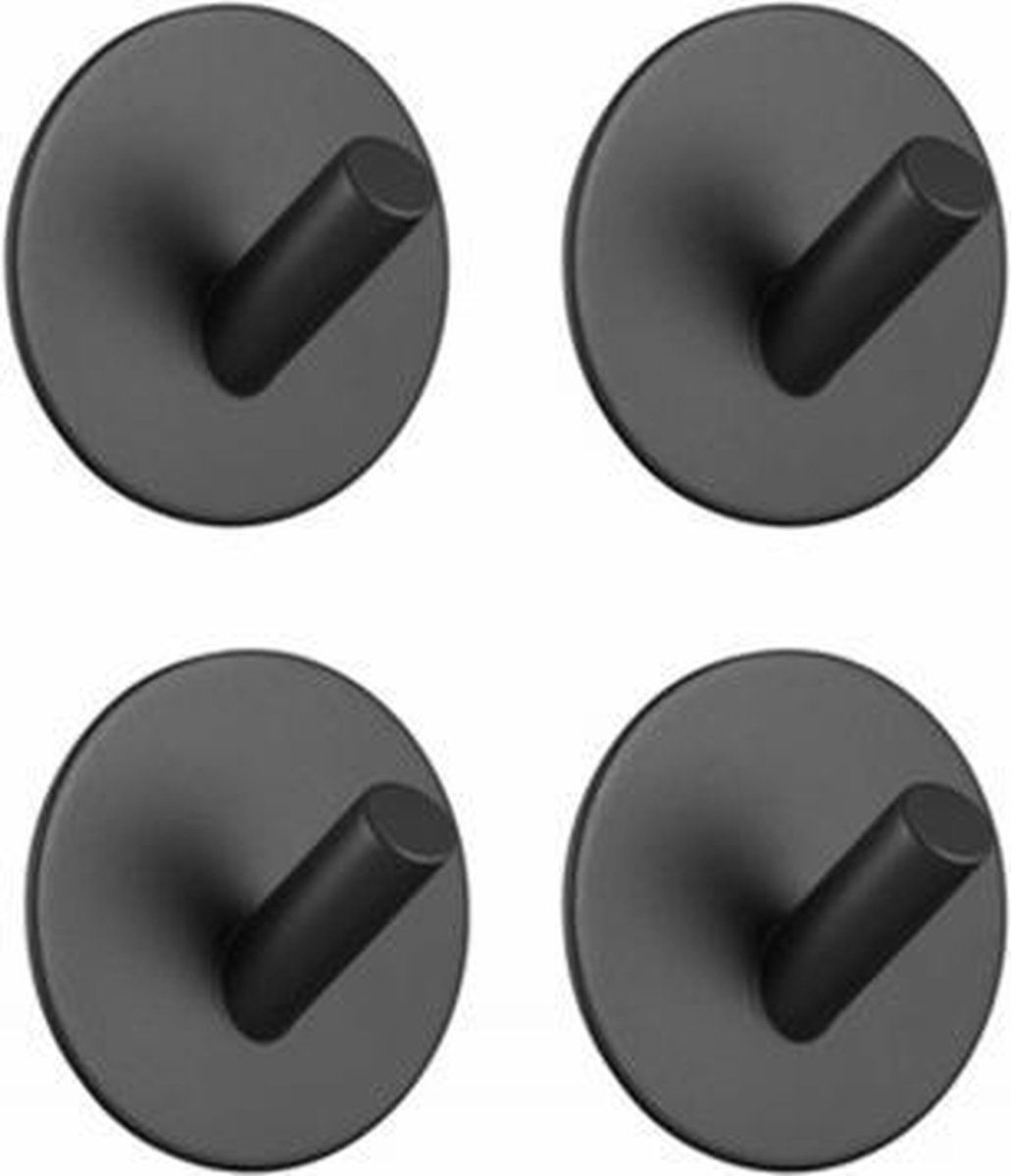 VDN Stainless Handdoekhaakjes zelfklevend - Handdoekhaakjes zwart - Vaatdoekhouder - RVS - Rond - 4 Stuks