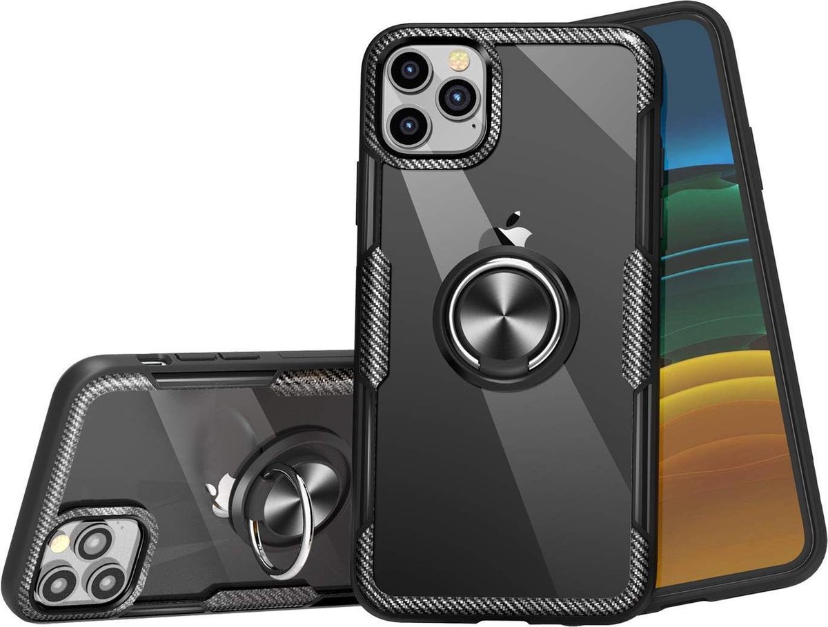 HB Hoesje Geschikt voor Apple iPhone 11 Pro - Carbon Armor Back Cover met Ring - Zwart