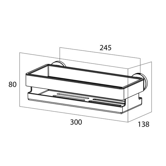 Technische tekening van een matzwart douchemandje met afmetingen 300x245x138 mm.