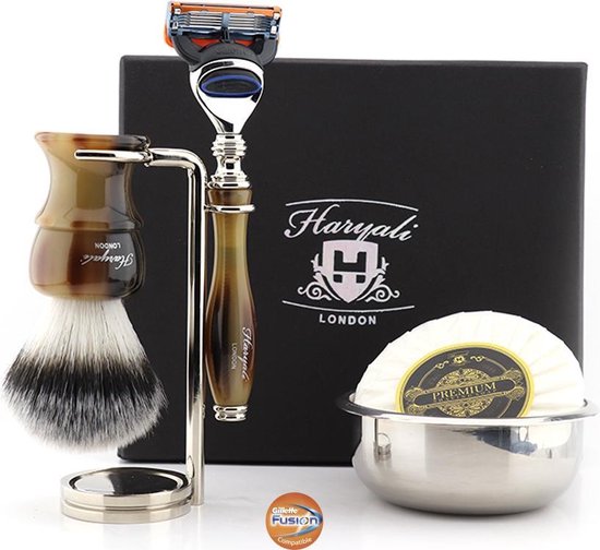Een complete scheerset met 5 Edge-scheermes, S met borstel, scheerstandaard, scheerzeep en kom, cadeau voor hem (scheercadeauset)