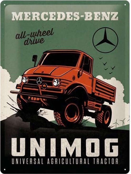 Mercedes-Benz Unimog.  Metalen wandbord in reliëf 30 x 40 cm .