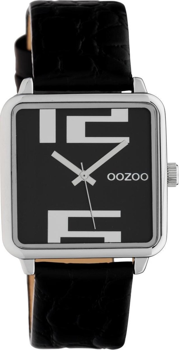 OOZOO Timepieces - Zilveren horloge met zwarte leren band - C10369 - Ø30